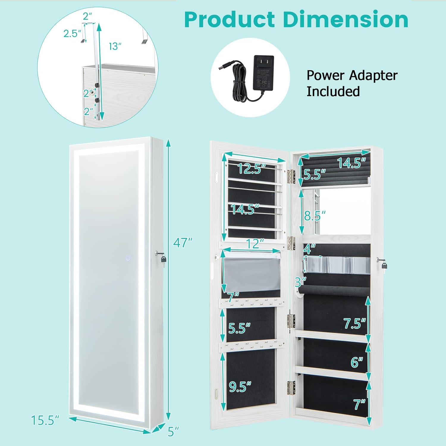 Full-Length Lighted Mirror Jewelry Cabinet with Drawers